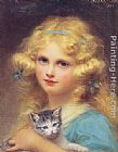 Edouard Cabane Portrait of a young girl holding a kitten painting